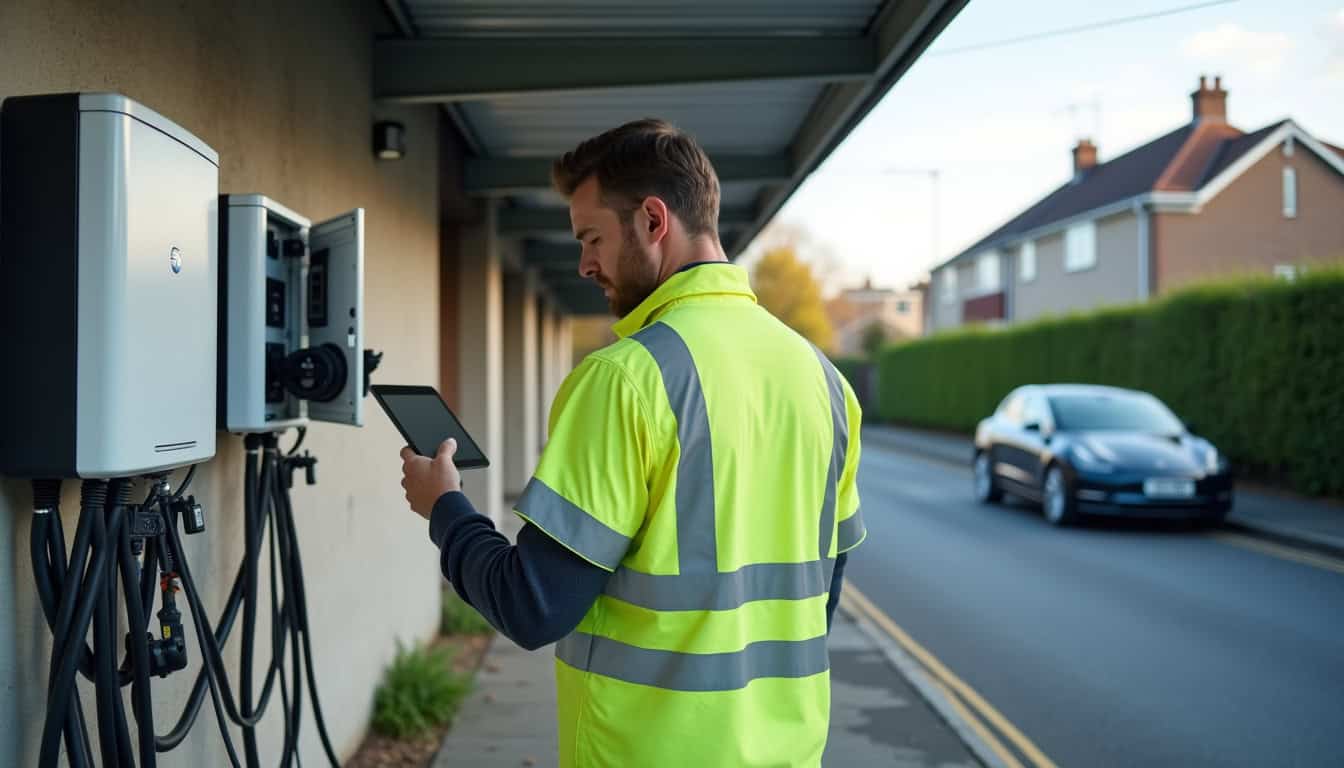 Technicien vérifiant l'état d'une borne de recharge électrique en extérieur
