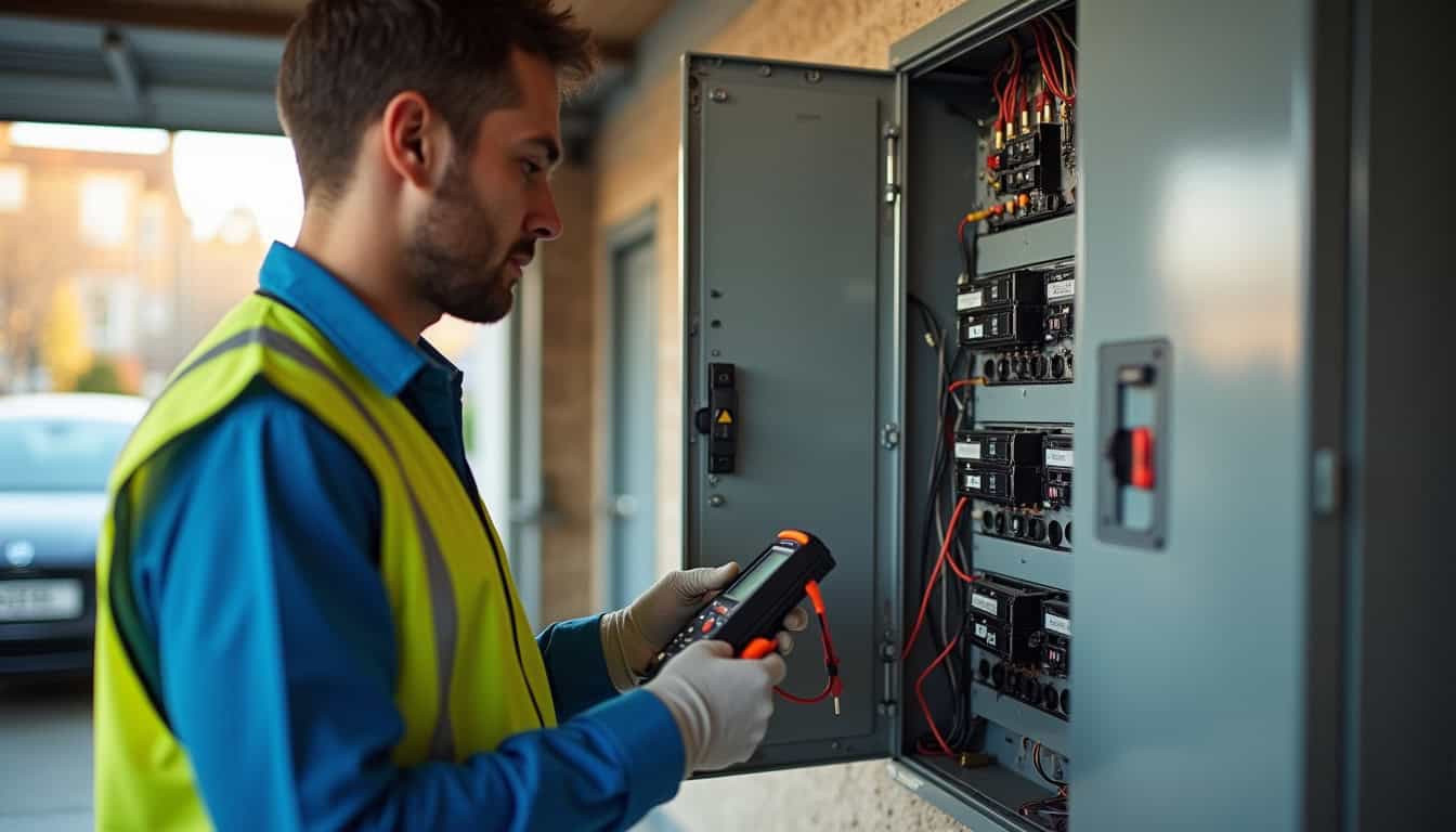 Technicien vérifiant un tableau électrique avant installation d'une borne de recharge
