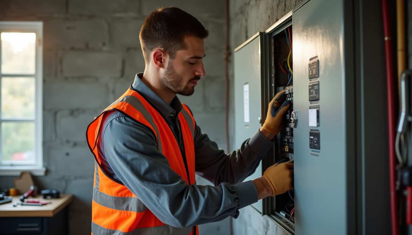 Technicien vérifiant un tableau électrique avant installation d'une borne de recharge