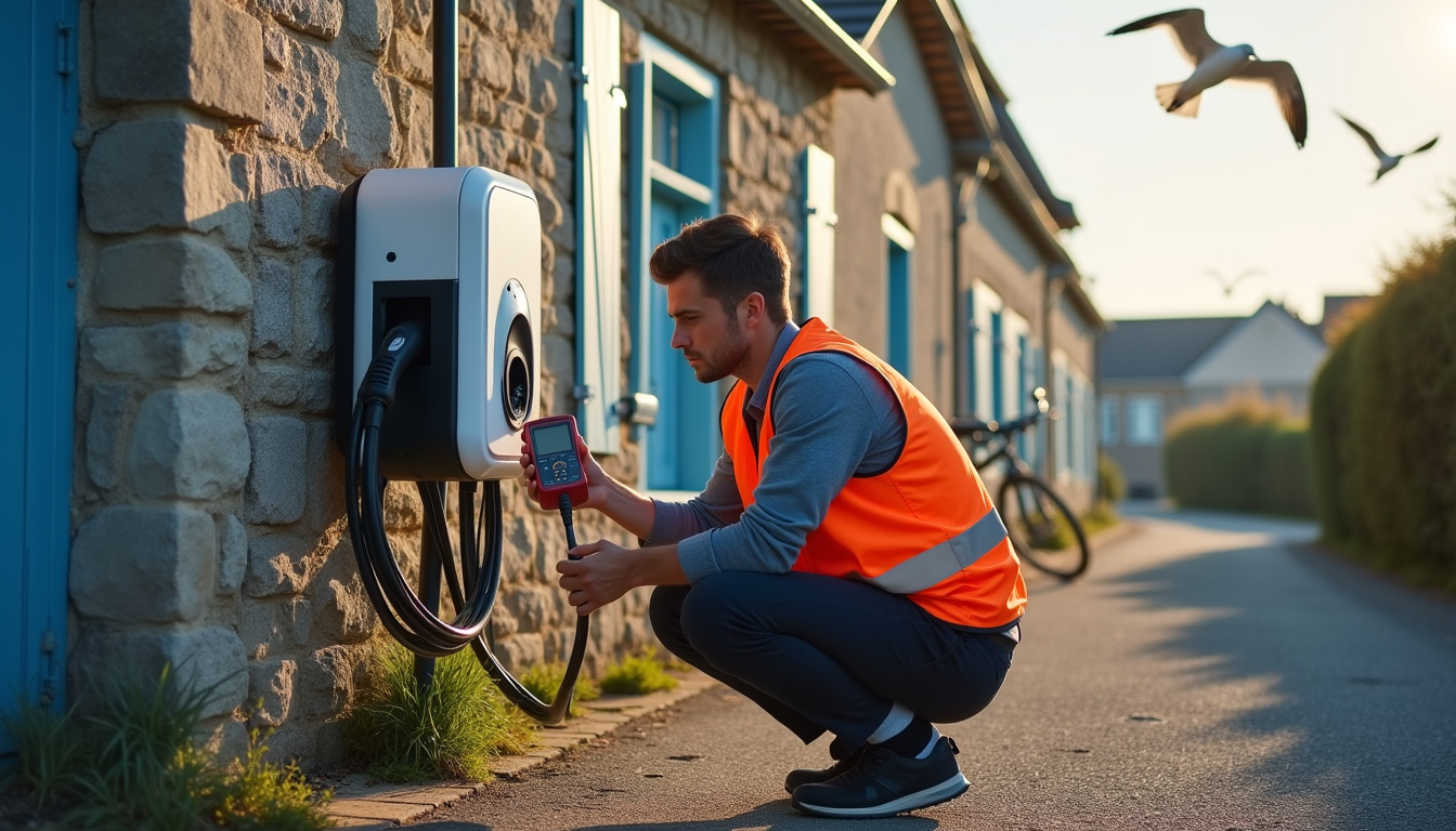 Technicien vérifiant une borne de recharge au cours d'une maintenance