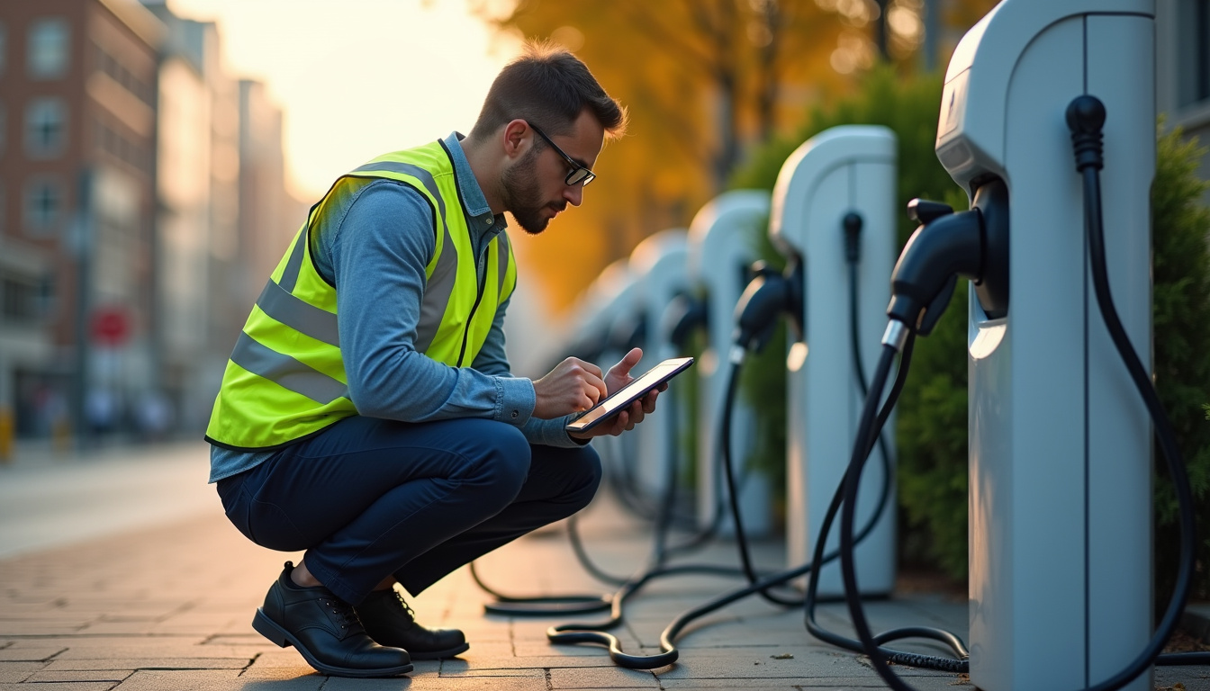 Technicien vérifiant une borne de recharge connectée à Pluvigner