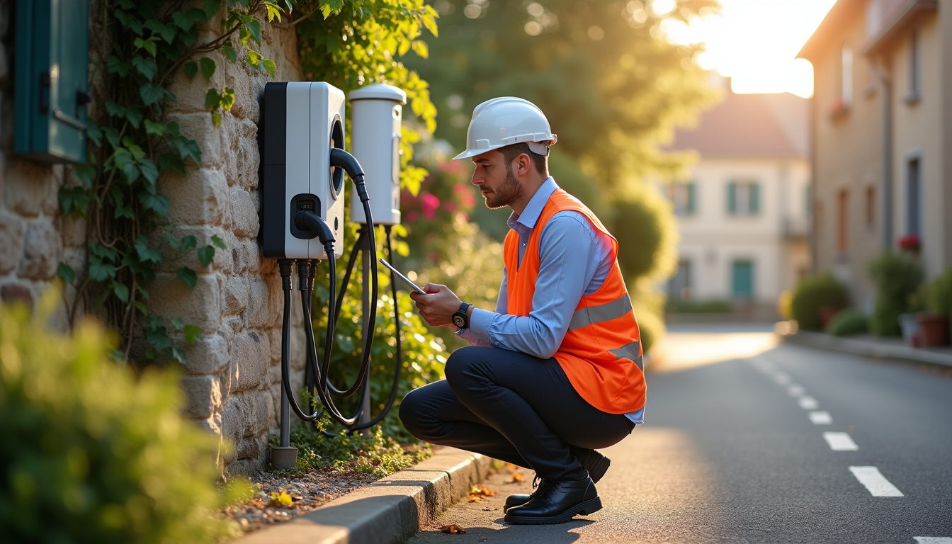 Technicien vérifiant une borne de recharge électrique à Dourdain
