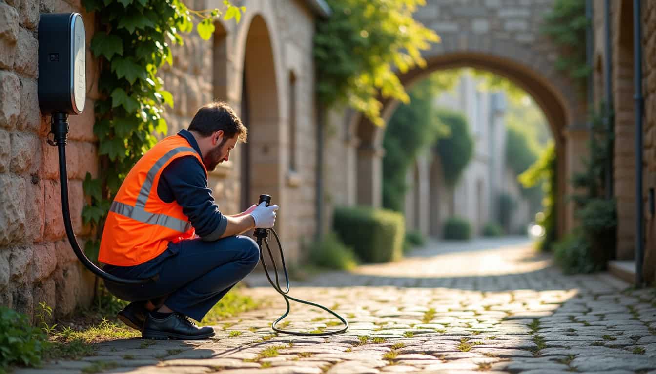 Technicien vérifiant une borne de recharge électrique à Ouches