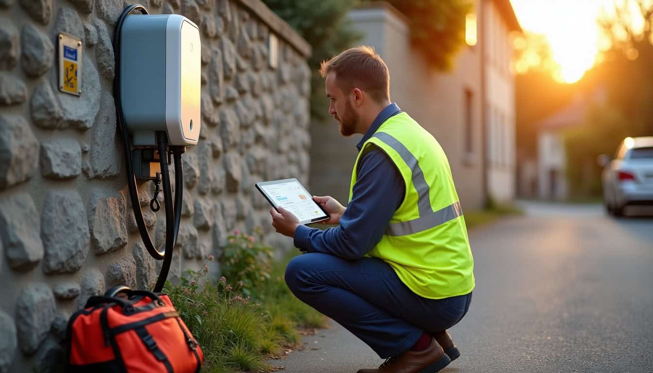 Technicien vérifiant une borne de recharge électrique à Pont-à-Vendin