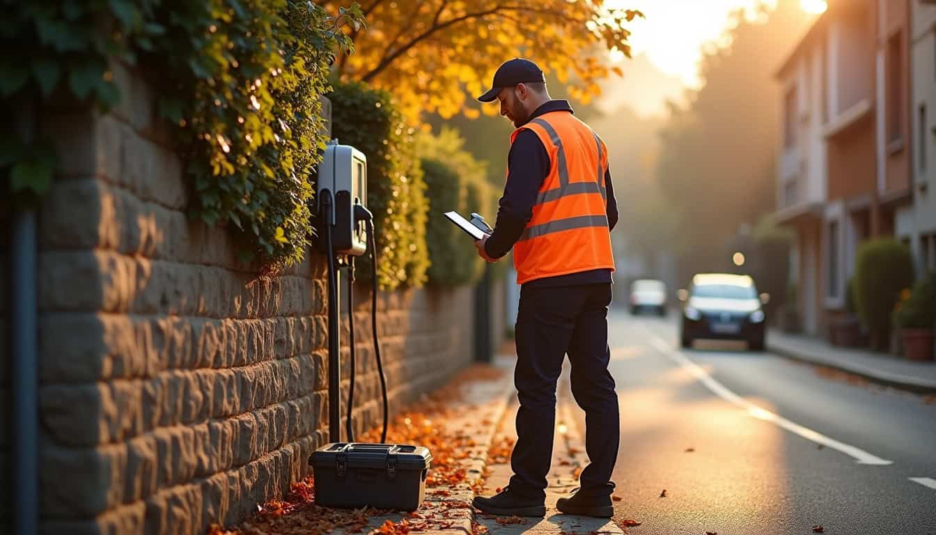 Technicien vérifiant une borne de recharge électrique à Saint-Denis-lès-Rebais