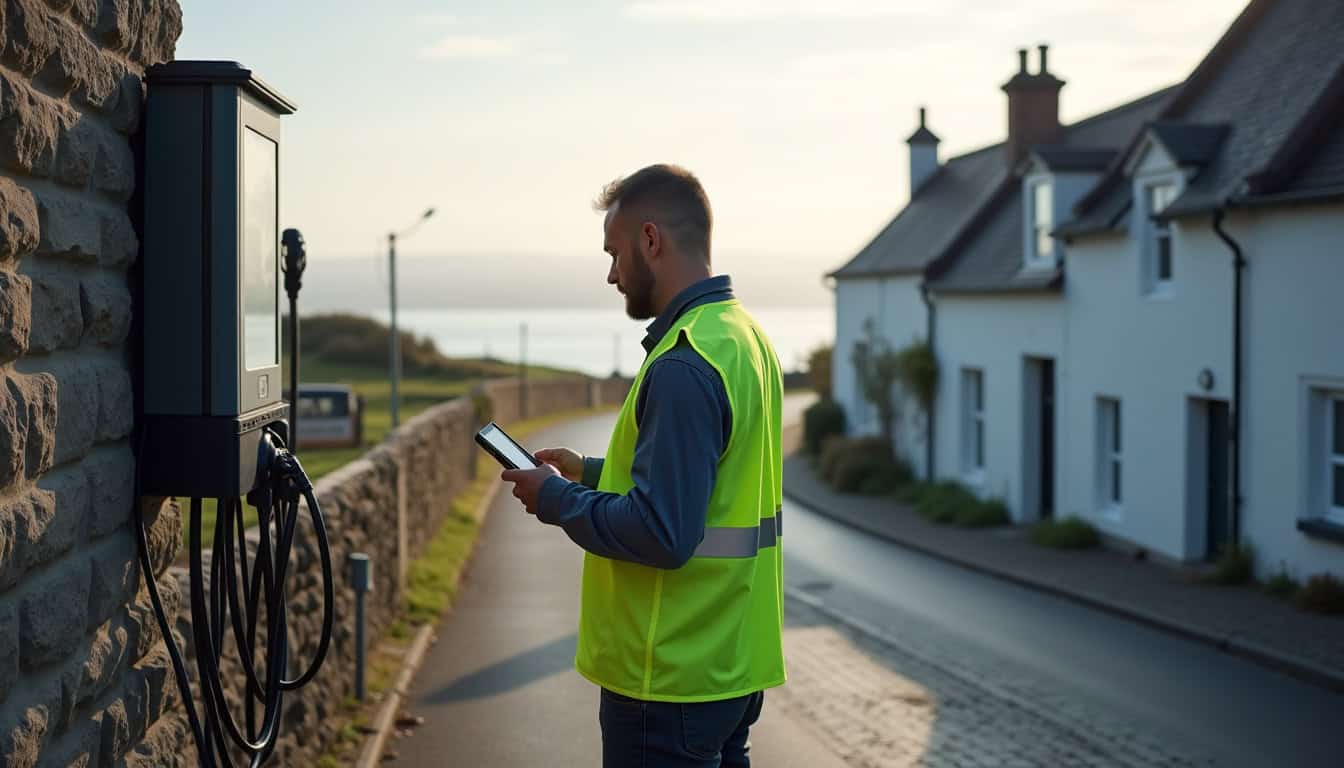 Technicien vérifiant une borne de recharge électrique à Saint-Vaast-la-Hougue