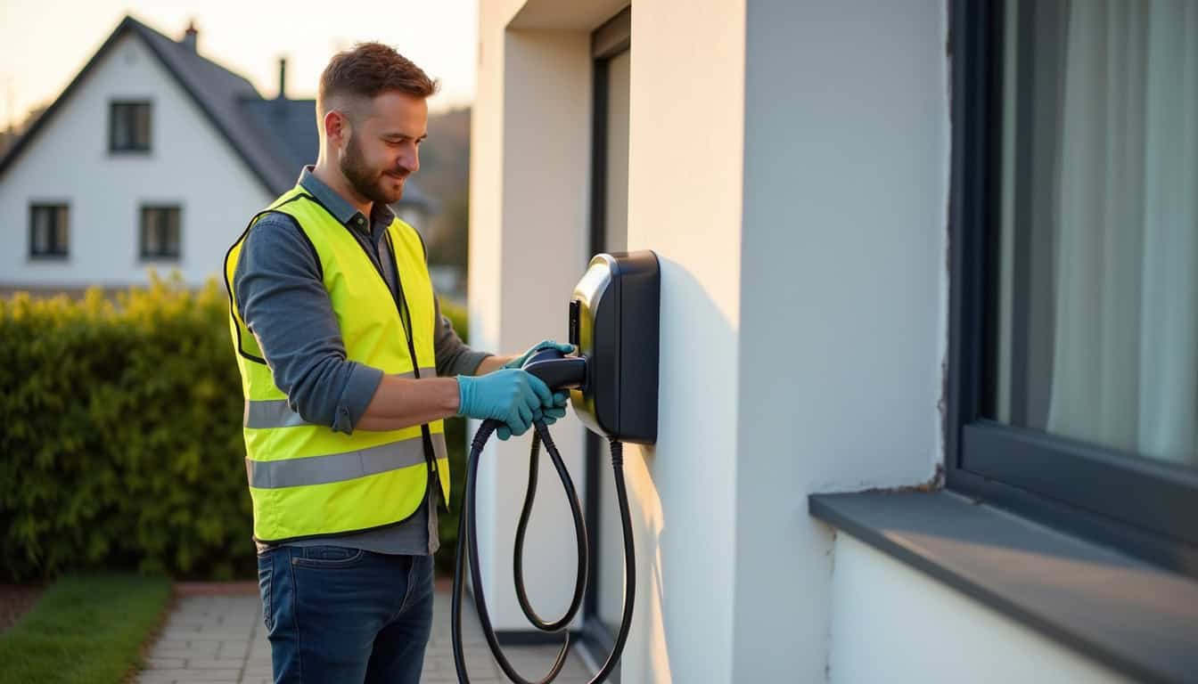Un électricien certifié IRVE en intervention pour l'installation d'une borne de recharge à Pibrac