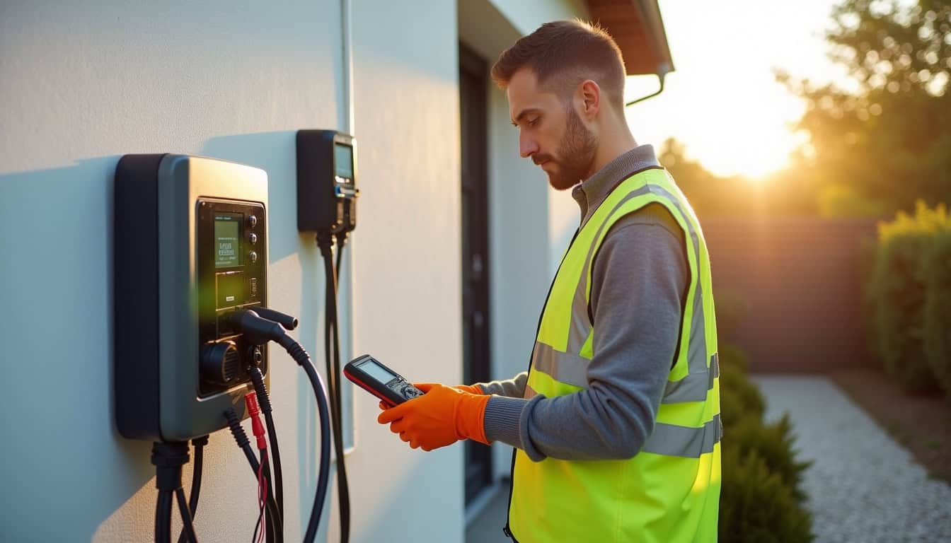 Un électricien certifié IRVE en train de tester une borne de recharge installée à Huillé-Lézigné