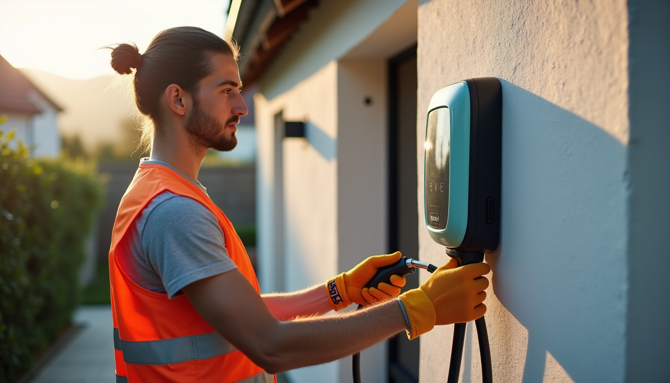 Un électricien certifié IRVE en train d'installer une borne de recharge à Lamasquère
