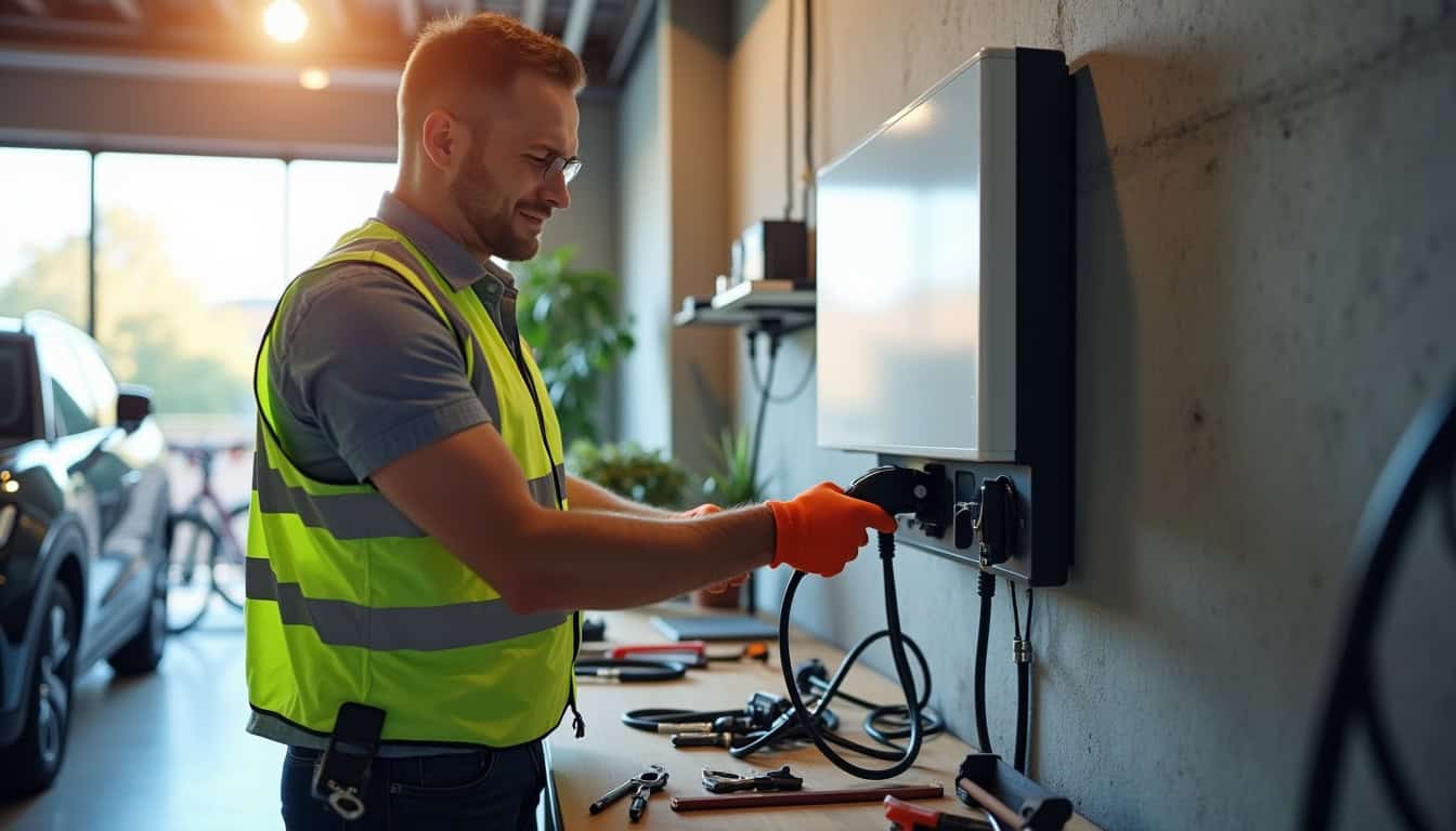 Un électricien certifié IRVE en train d'installer une borne de recharge dans un garage à Saint-Gelais
