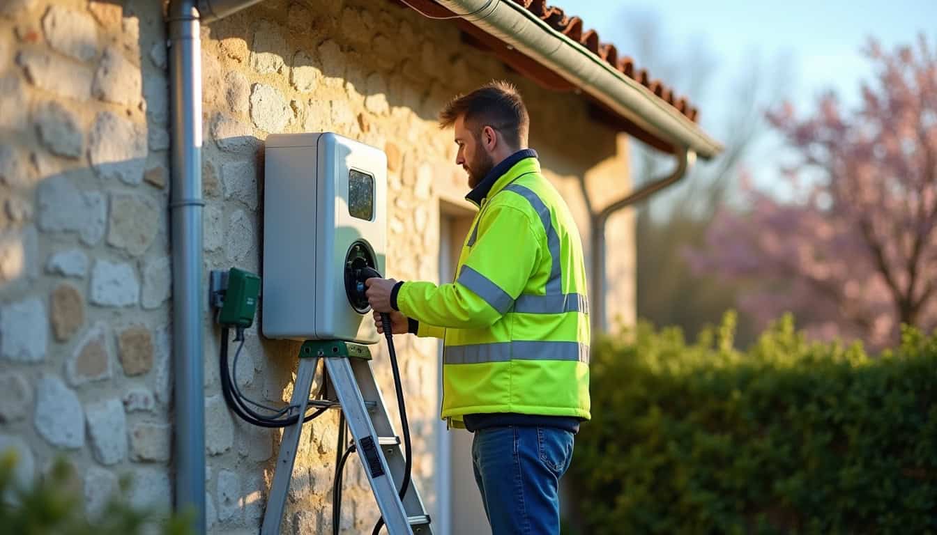 Un électricien certifié IRVE en train d'installer une borne de recharge électrique à l'extérieur d'une habitation à Argentré