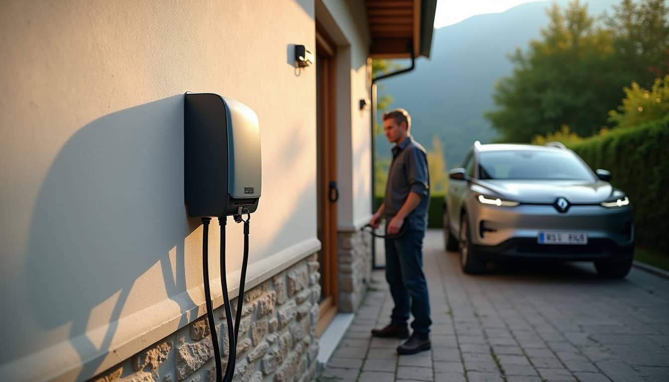 Un électricien certifié IRVE en train d'installer une borne de recharge murale sur un mur extérieur