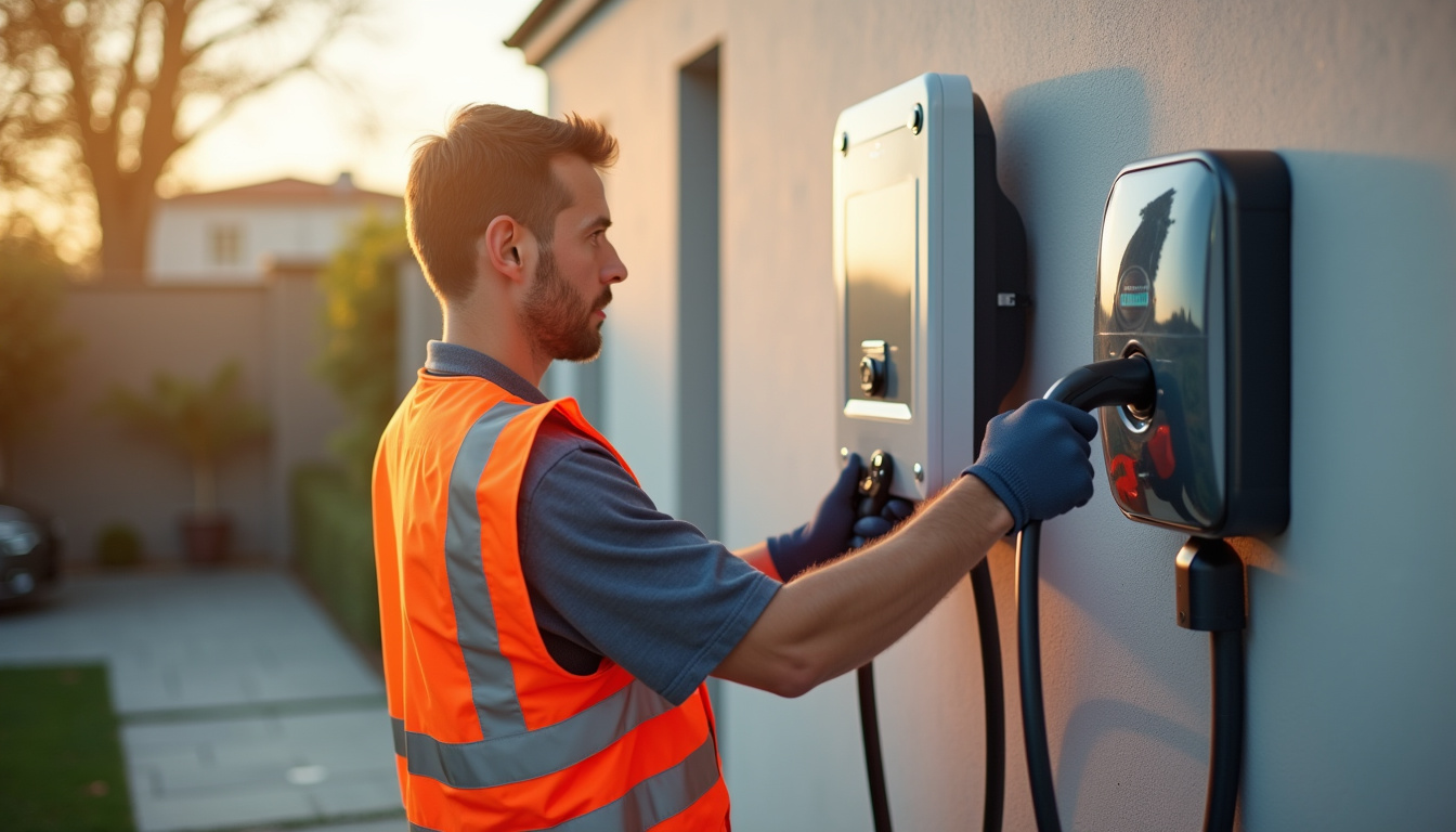 Un électricien certifié IRVE en train d’installer une borne de recharge pour véhicule électrique à Le Cailar