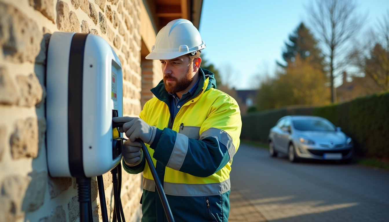 Un électricien en tenue de travail vérifie une borne de recharge électrique lors d'une intervention