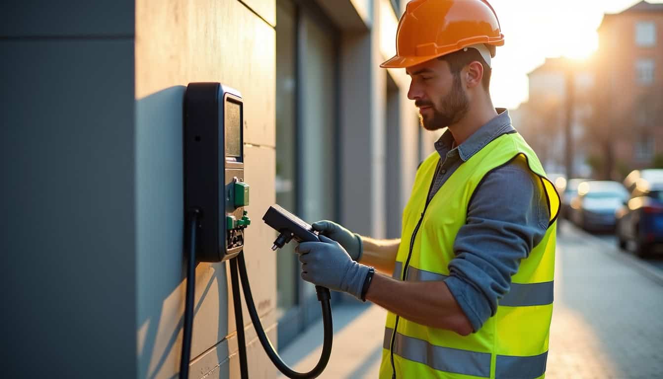 Un électricien en train de tester une borne de recharge nouvellement installée à Digoin