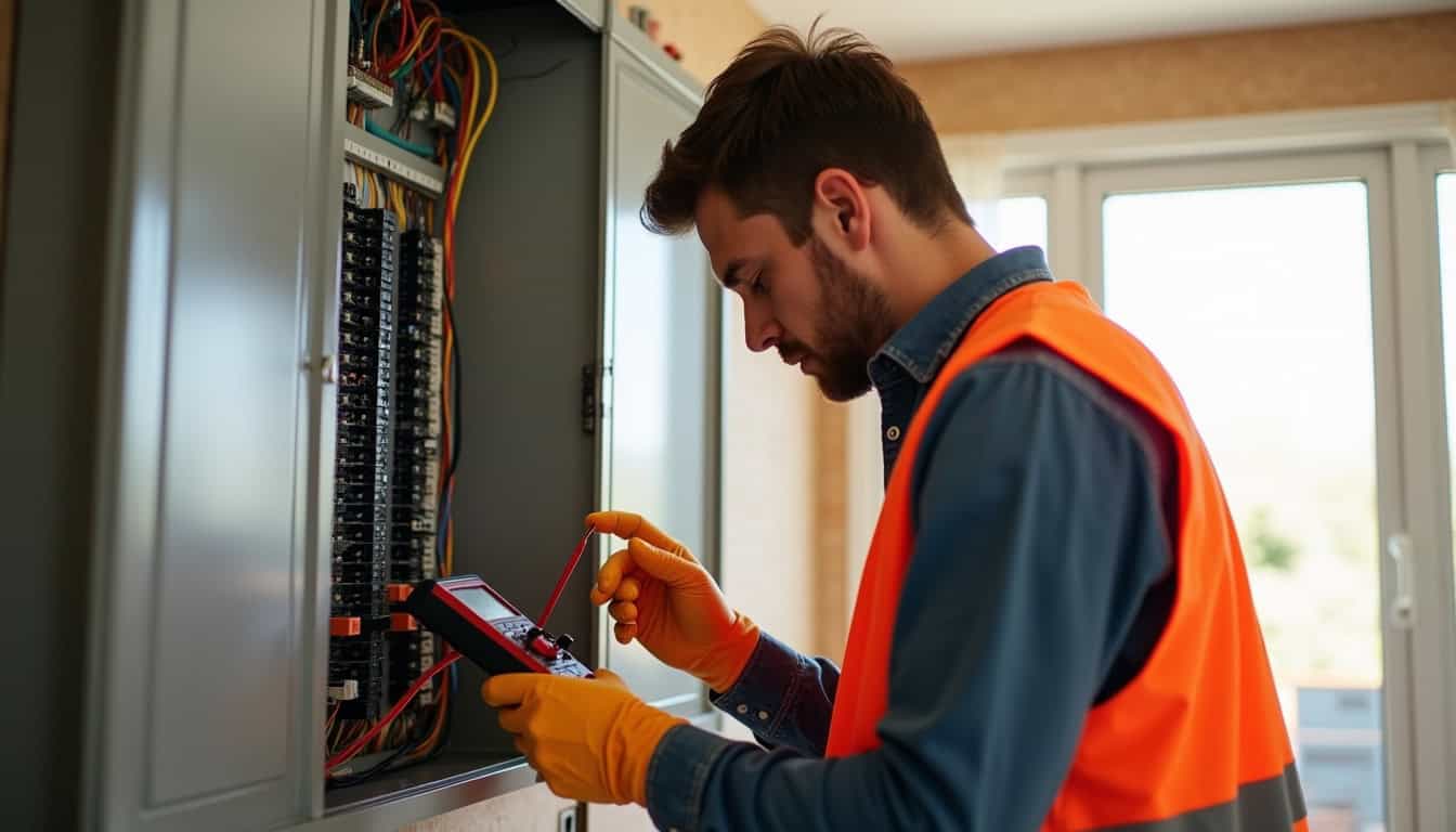 Un électricien en train de vérifier un tableau électrique dans une maison à Mont-Dol
