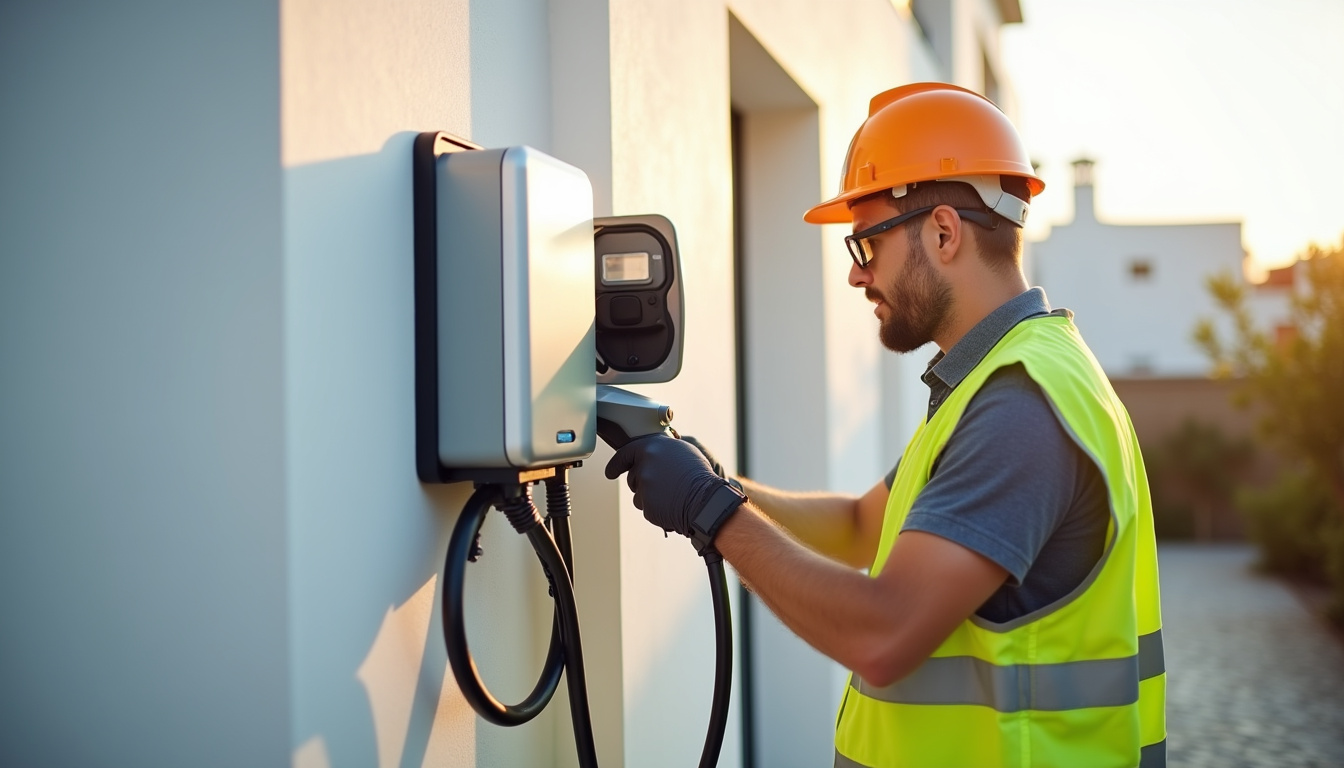 Un électricien en train d'installer une borne de recharge à Ponteilla