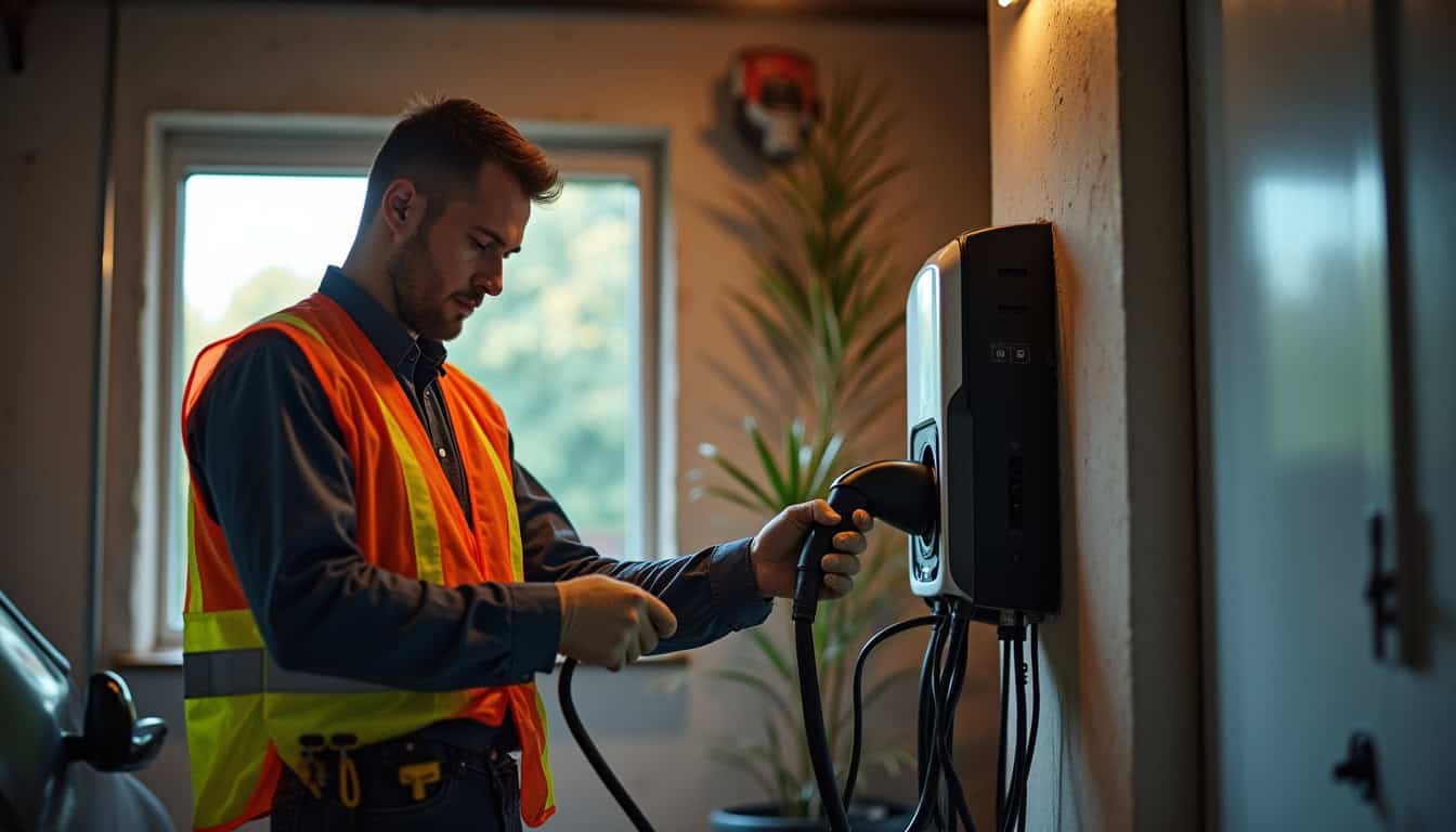 Un électricien en train d'installer une borne de recharge dans un garage à Cutry