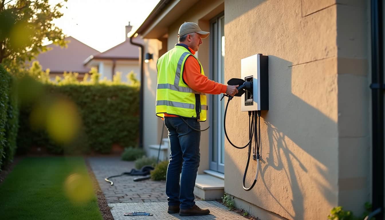 Un électricien en train d'installer une borne de recharge électrique sur le mur d'une propriété à Warmeriville