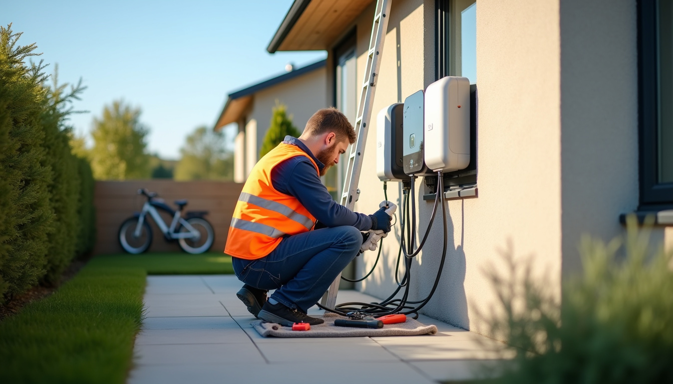Un électricien en train d’installer une borne de recharge électrique sur un mur extérieur