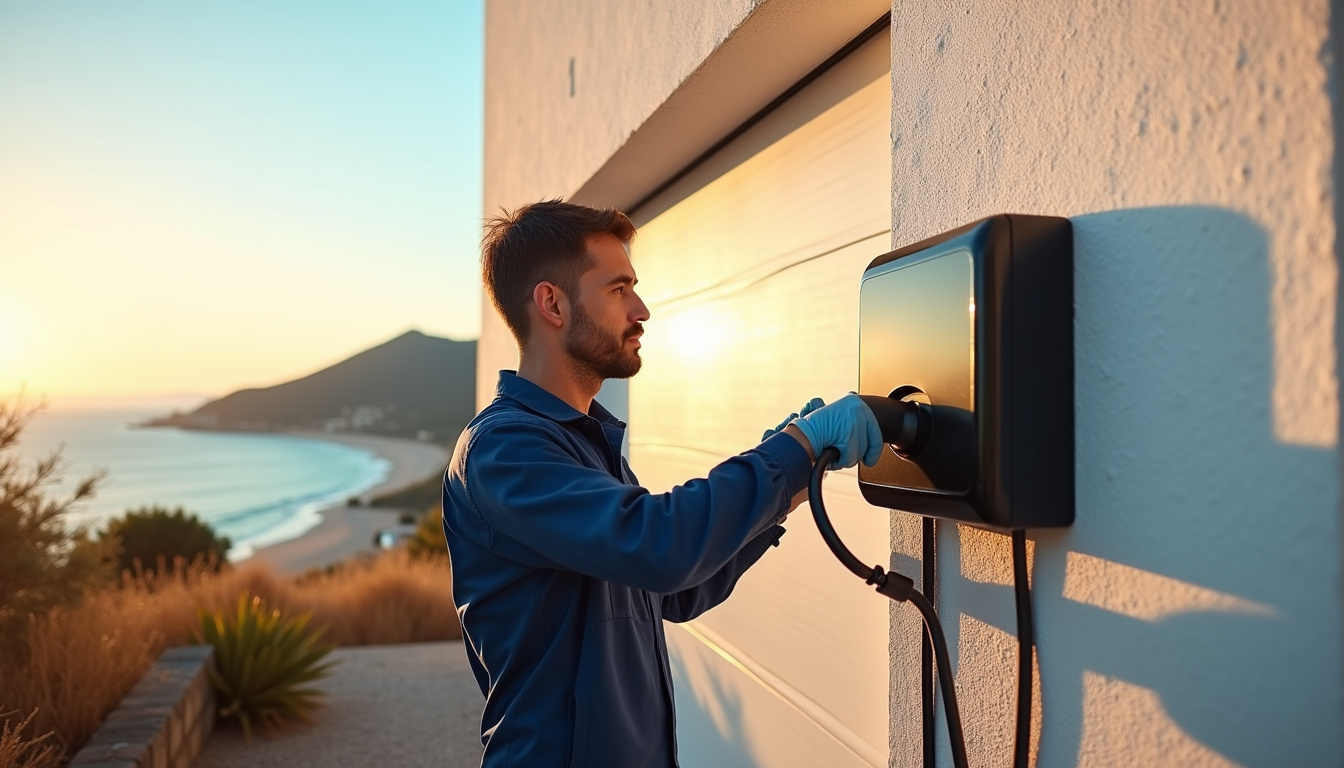 Un électricien en train d'installer une borne de recharge pour véhicule électrique à Fréjus