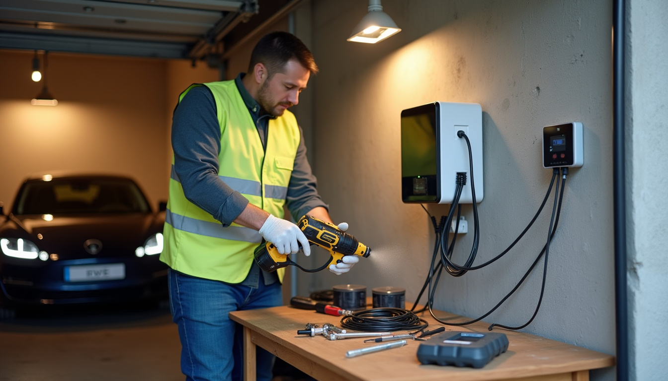 Un électricien IRVE en train de fixer une borne de recharge murale dans un garage à Blodelsheim