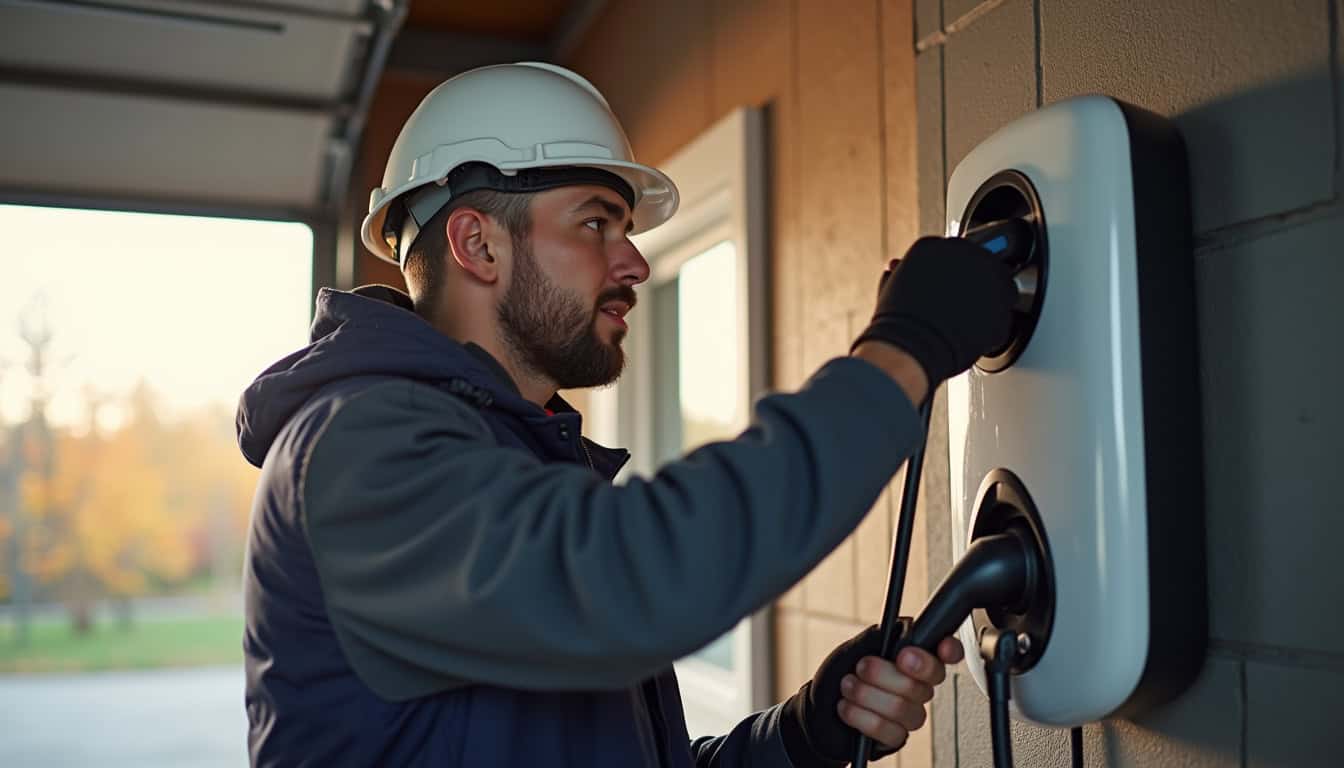 Un électricien IRVE en train d'installer une borne de recharge murale dans un garage à Casseneuil
