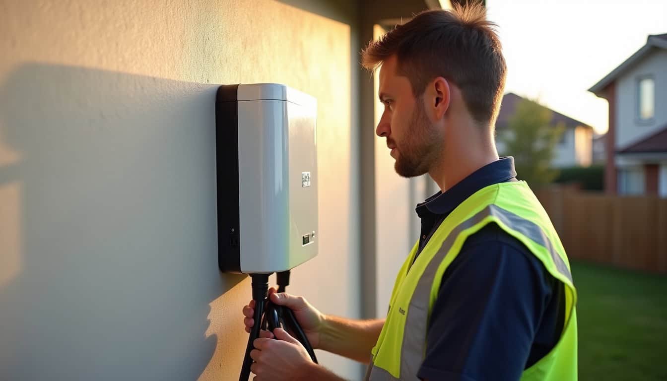 Un électricien professionnel en train d'installer une borne de recharge sur un mur extérieur