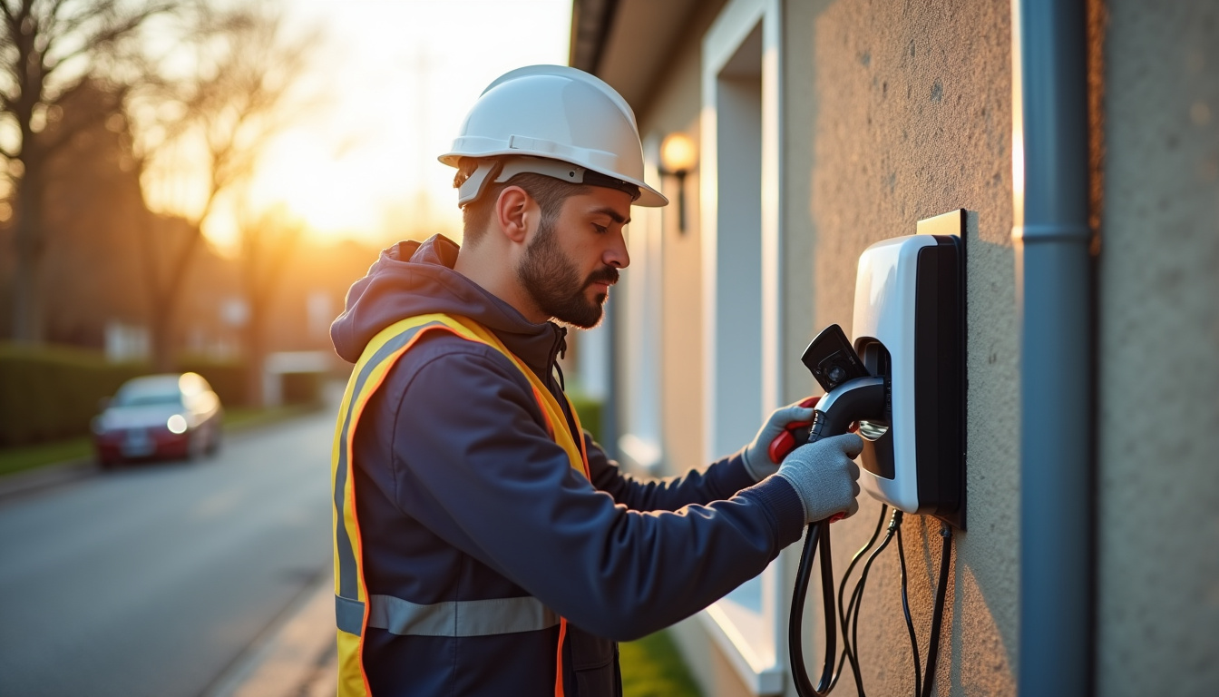 Un électricien qualifié IRVE en train d'installer une borne de recharge électrique à Le Rouret, montrant une intervention sécurisée et professionnelle
