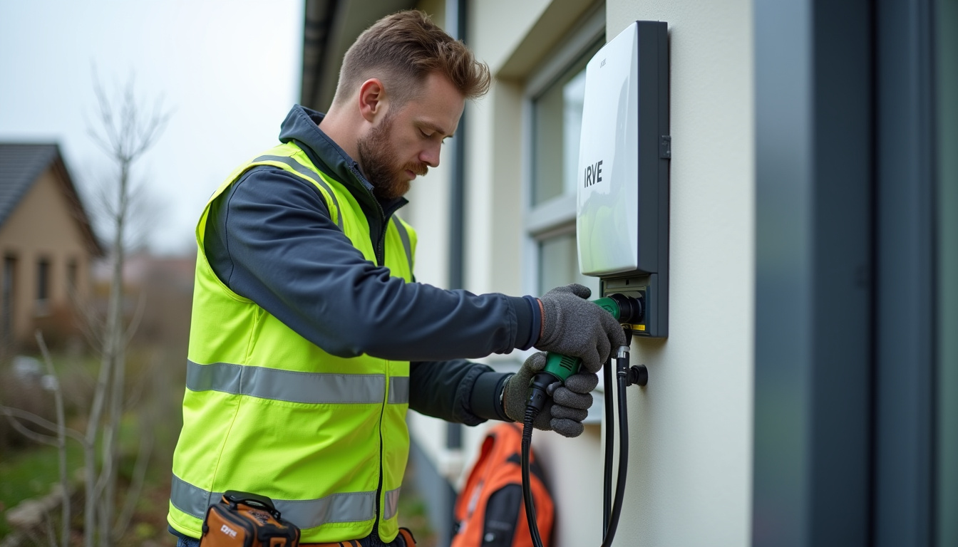 Un installateur certifié IRVE en train de fixer une borne de recharge à Mourenx