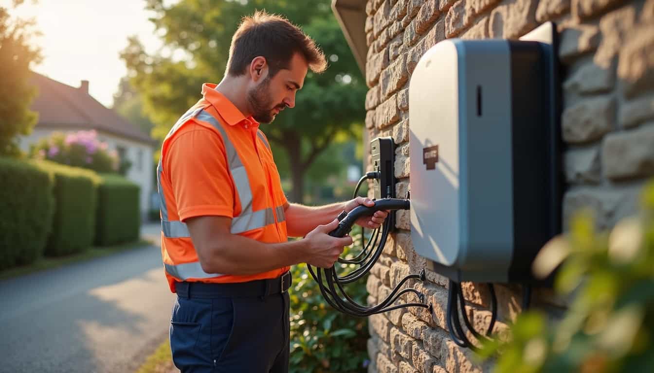 Un installateur certifié IRVE en train de raccorder une borne de recharge à Boulleville