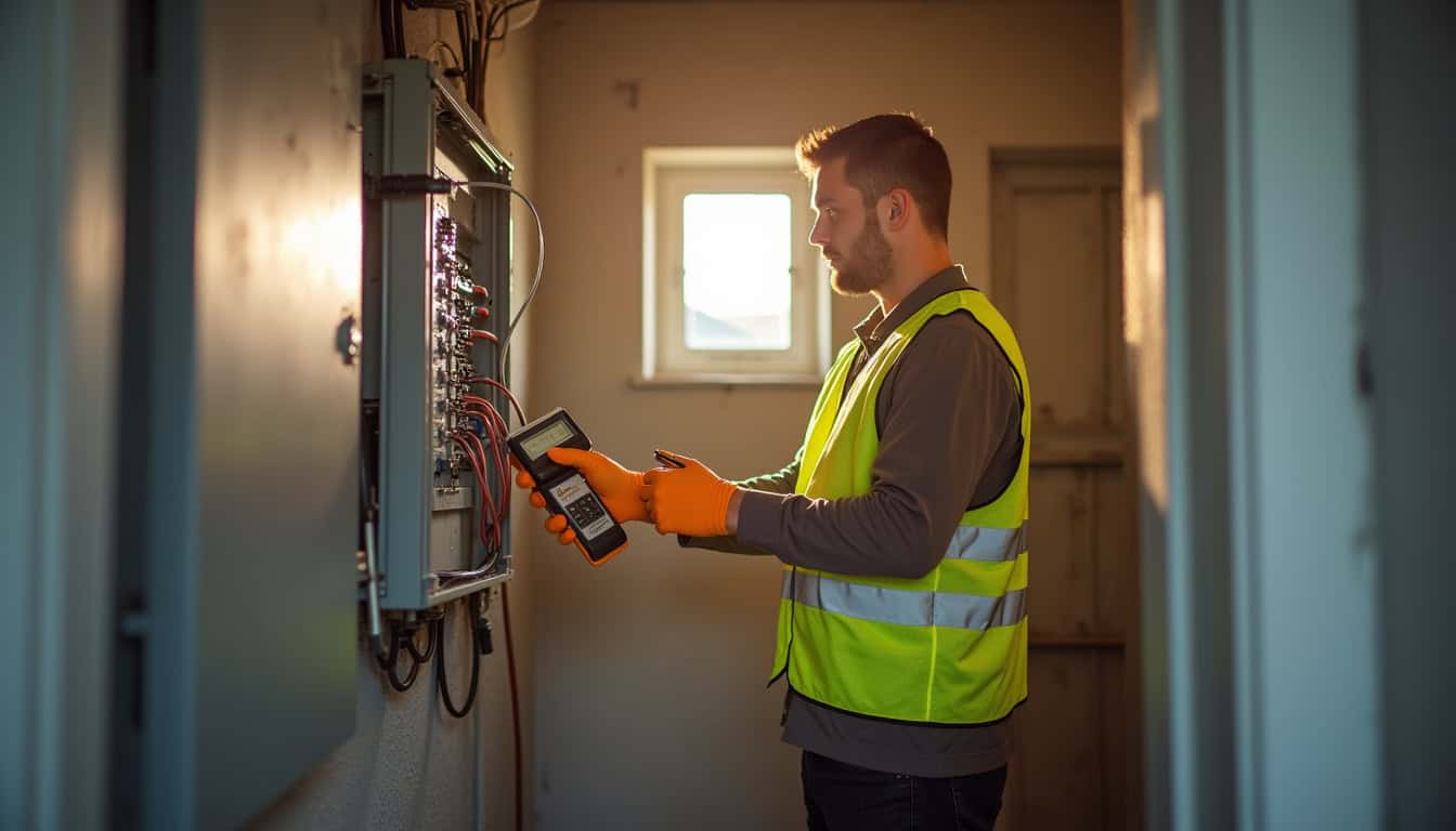 Un installateur certifié IRVE vérifie le tableau électrique avant installation d'une borne