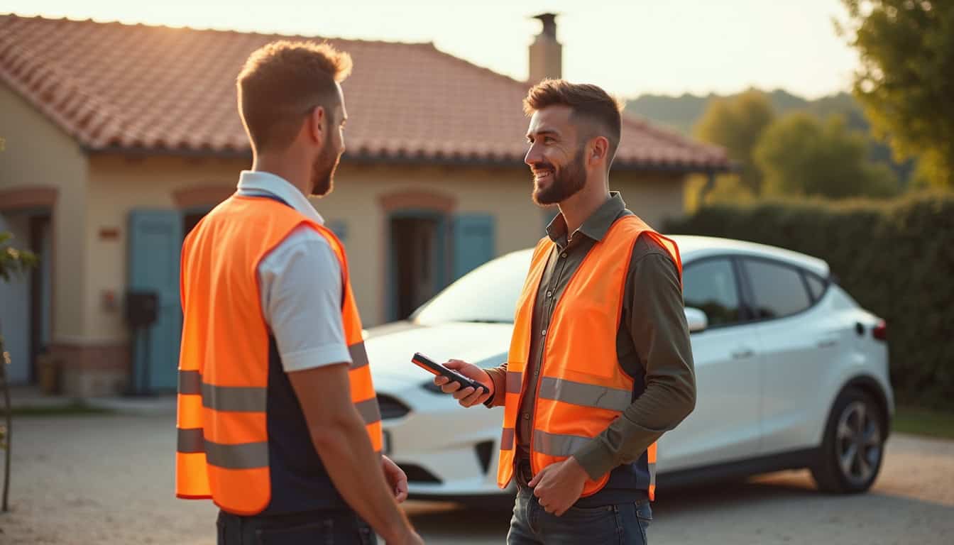 Un installateur discute avec un particulier lors d'une estimation pour une borne de recharge à Lagorce