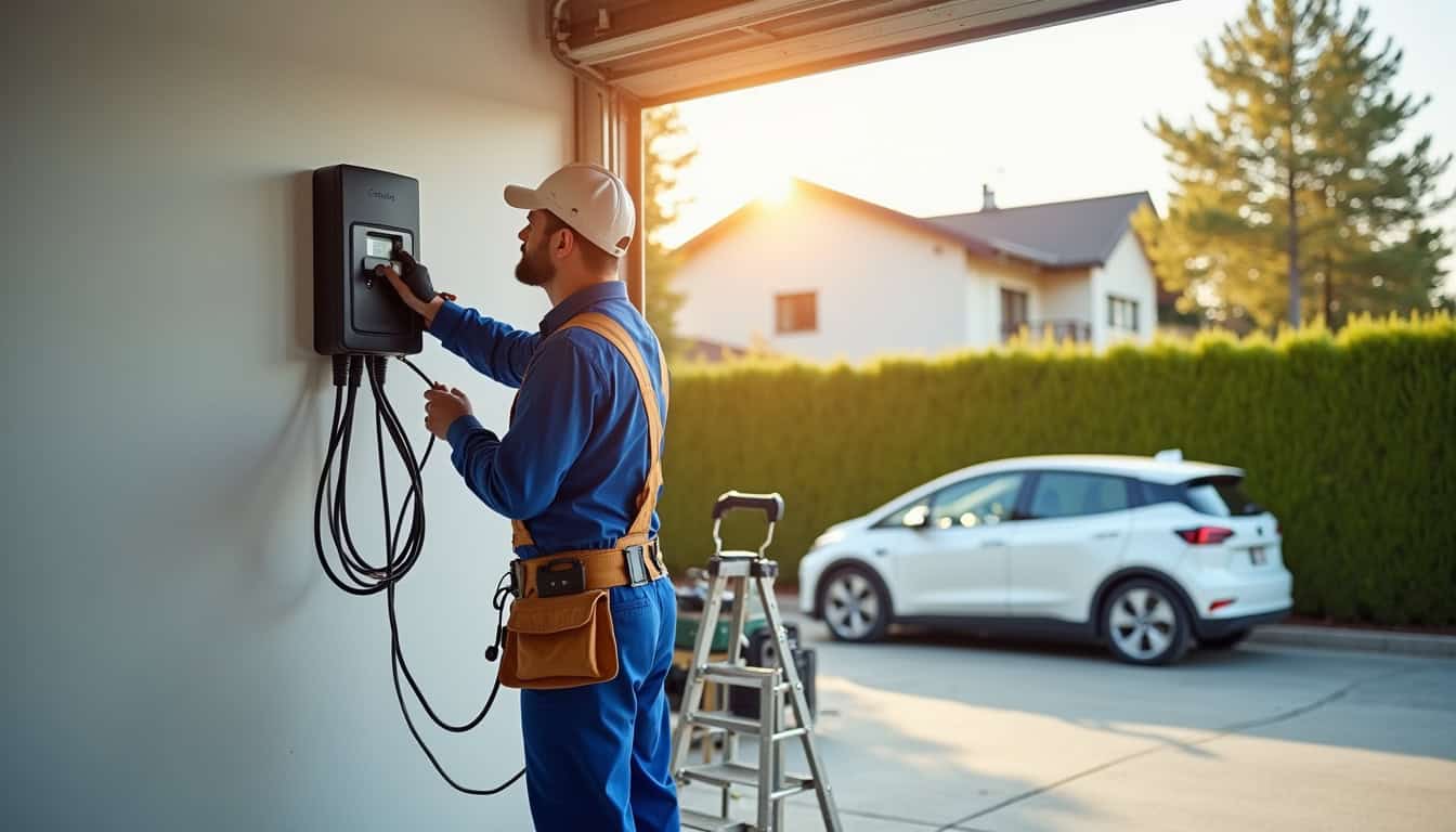 Un installateur en train de poser une borne de recharge électrique à Miniac-Morvan