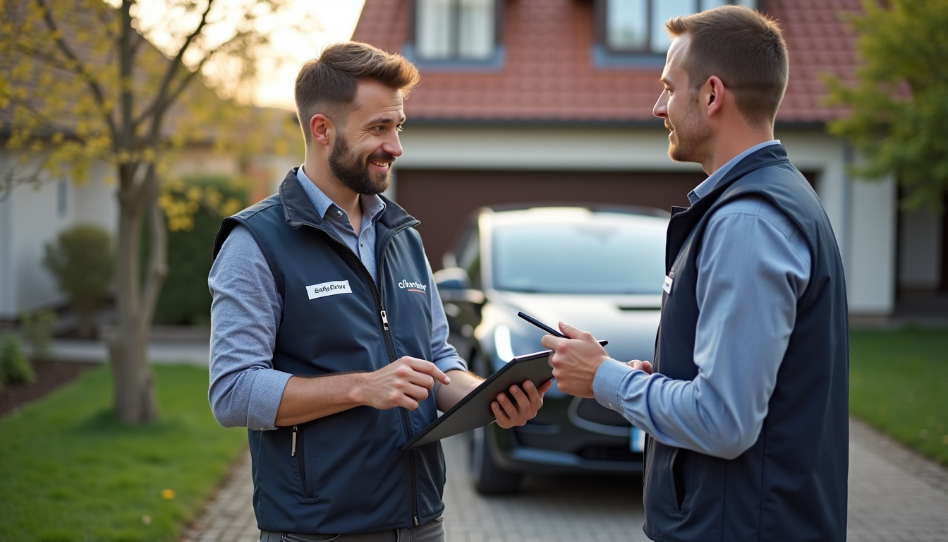 Un installateur en train de présenter un devis d'installation de borne électrique sur une tablette à un client à Lieurey