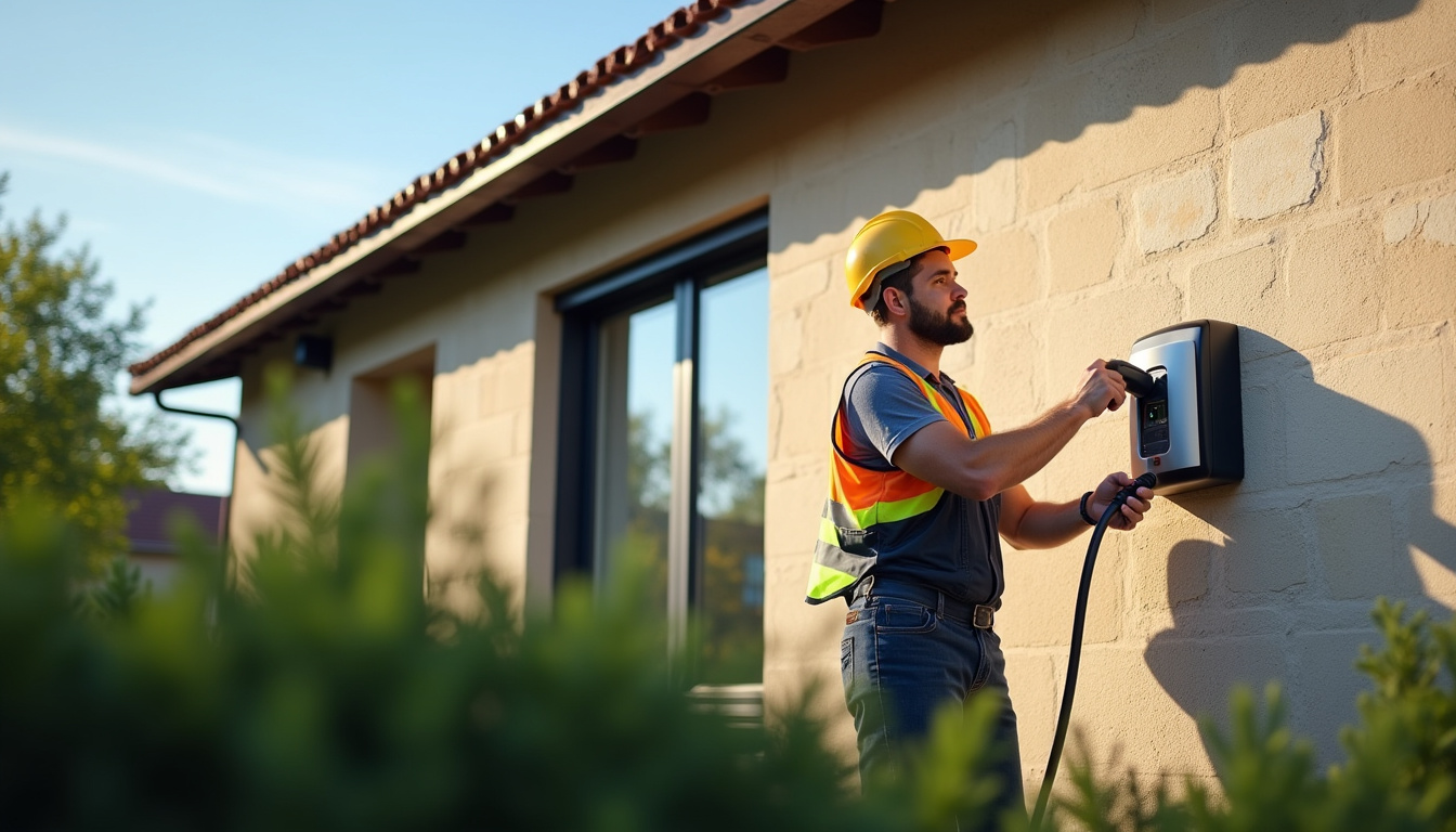 Un installateur en train d'installer une borne de recharge électrique sur un mur extérieur d'une maison à Monts