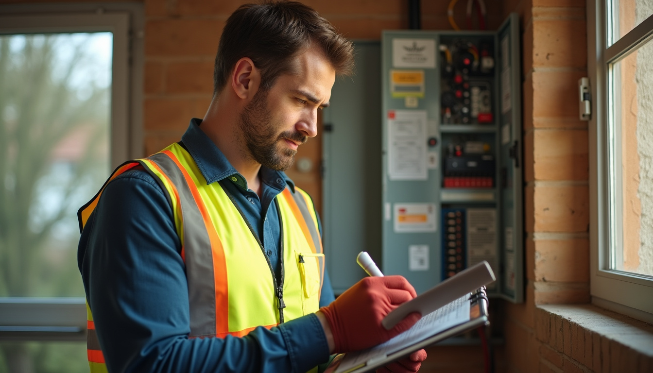 Un installateur examine le tableau électrique d'une maison à Donges, en prenant des notes pour l'étude technique de l'installation