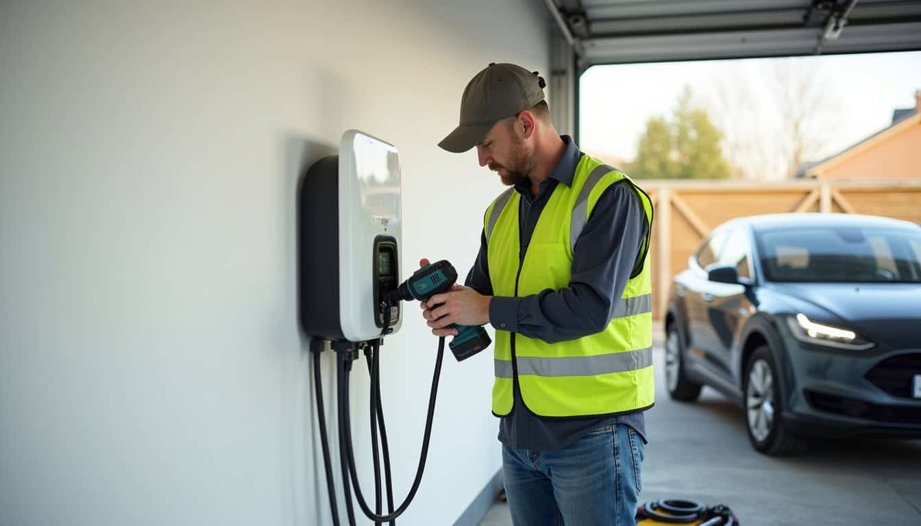 Un installateur IRVE en train de poser une borne de recharge à Lorris