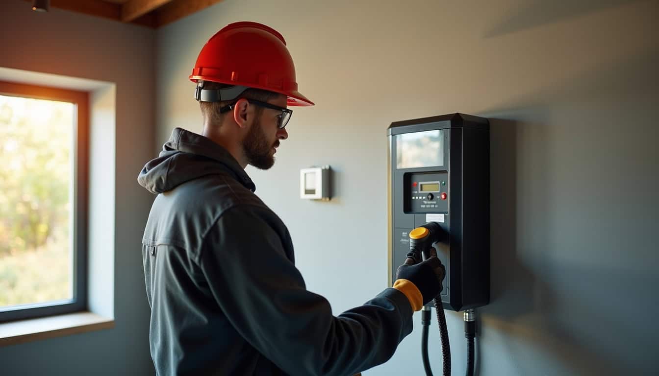 Un installateur IRVE en train de poser une borne de recharge dans un garage à Saint-Amans-Soult