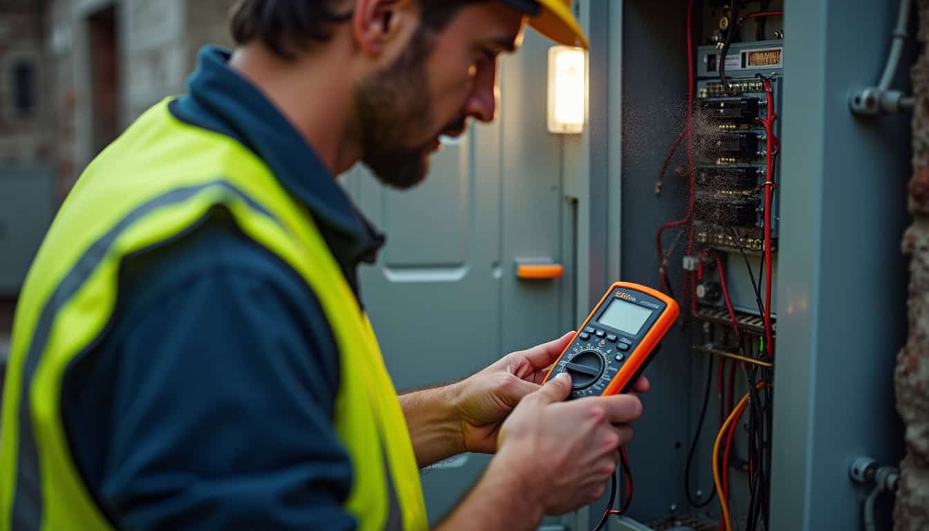 Un installateur IRVE réalisant un diagnostic électrique dans un garage à Béganne