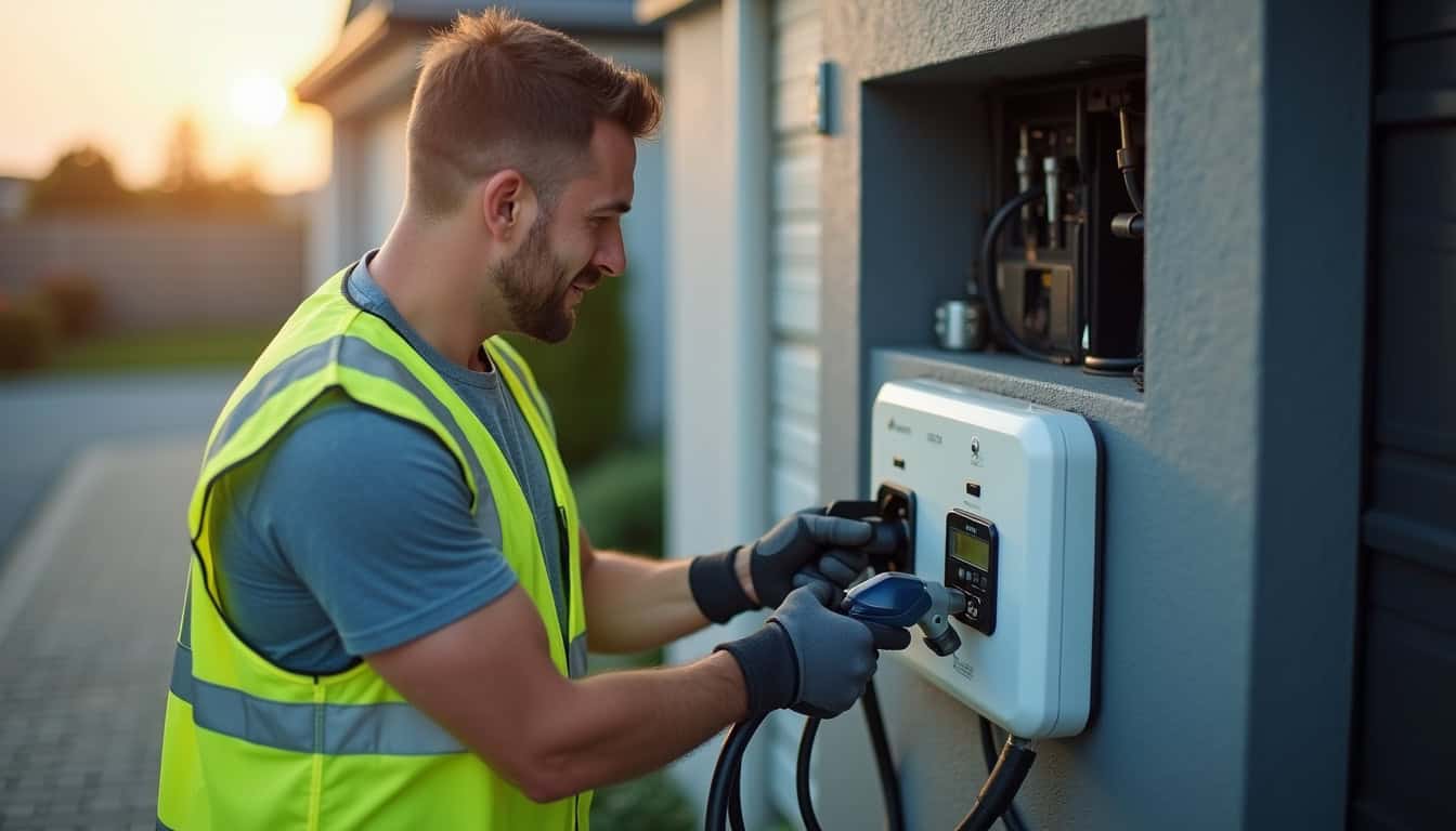 Un technicien certifié IRVE en train d'installer une borne de recharge à Ravenel