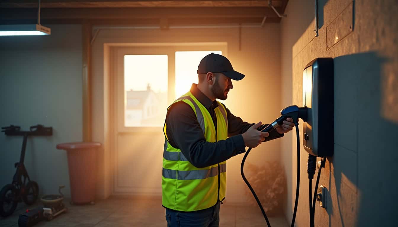 Un technicien certifié IRVE en train d'installer une borne de recharge dans un garage à Durdat-Larequille