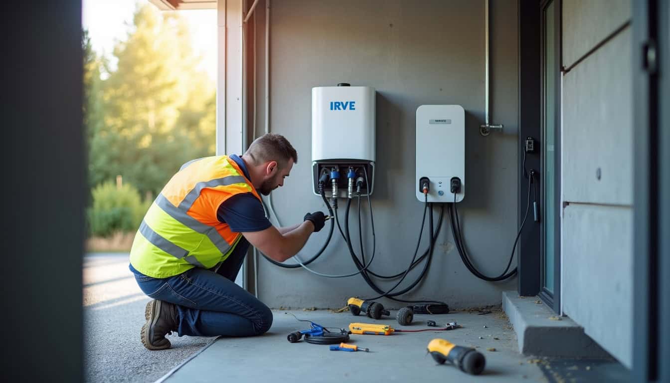 Un technicien certifié IRVE en train d'installer une borne de recharge dans un garage à Muntzenheim