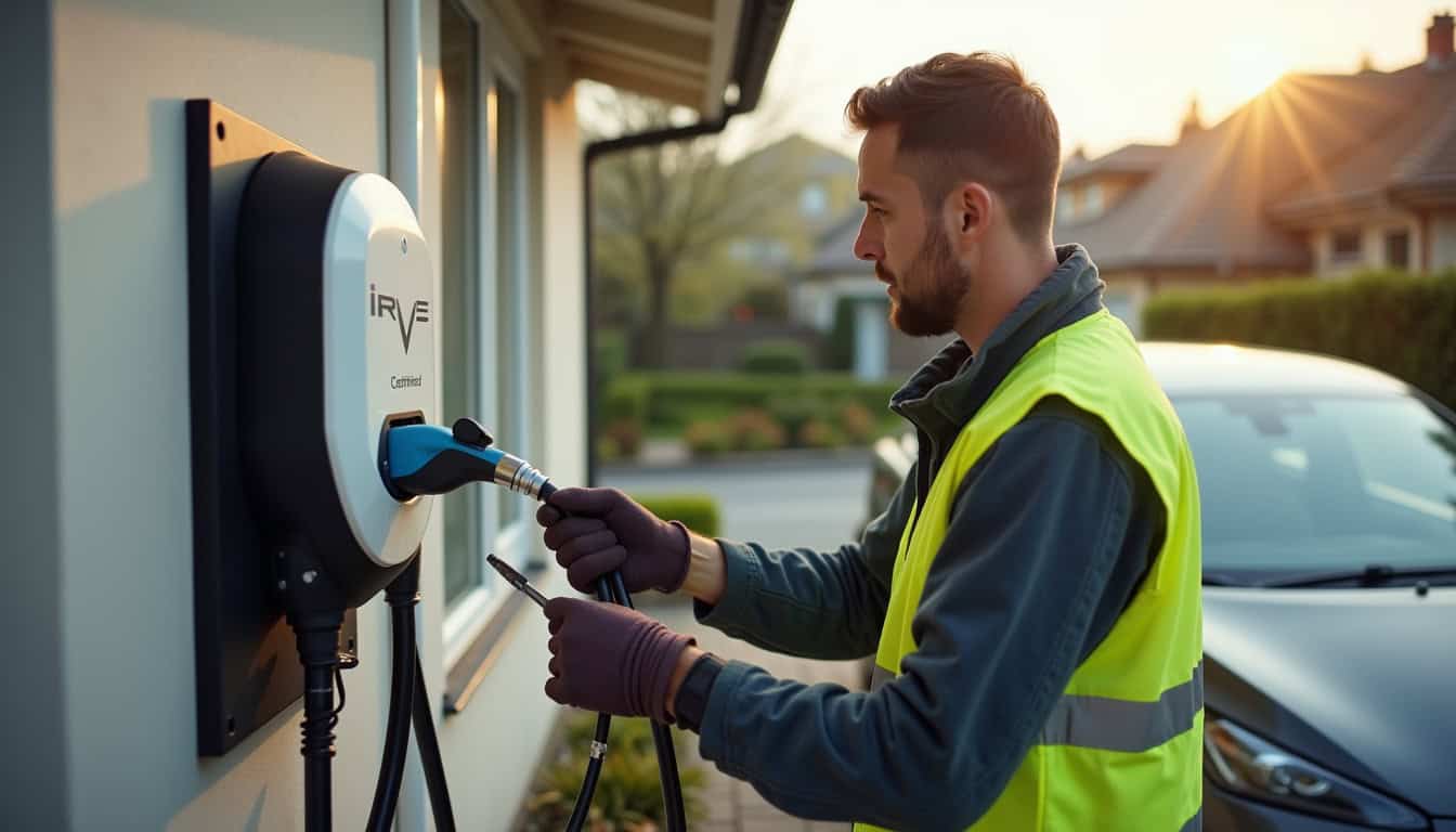 Un technicien certifié IRVE en train d'installer une borne de recharge électrique à domicile