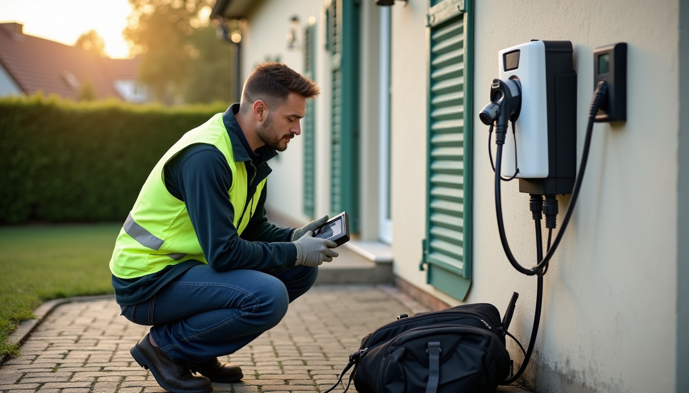 Un technicien certifié IRVE vérifie le bon fonctionnement d'une borne de recharge électrique lors d'une intervention à domicile à Thiers-sur-Thève