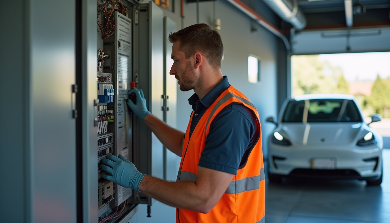 Un technicien certifié IRVE vérifie le tableau électrique avant installation d'une borne de recharge
