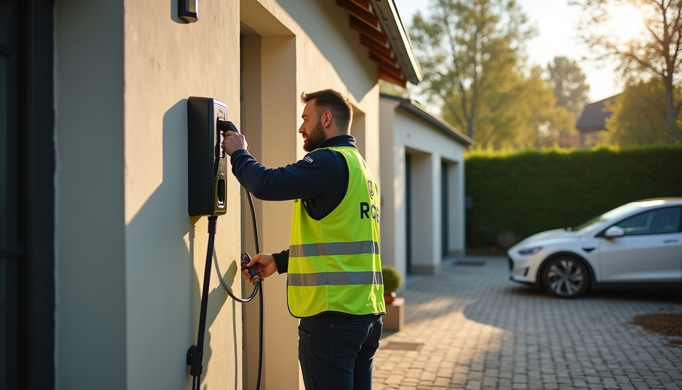 Un technicien certifié RGE en train d'installer une borne électrique à Marcilly-en-Villette