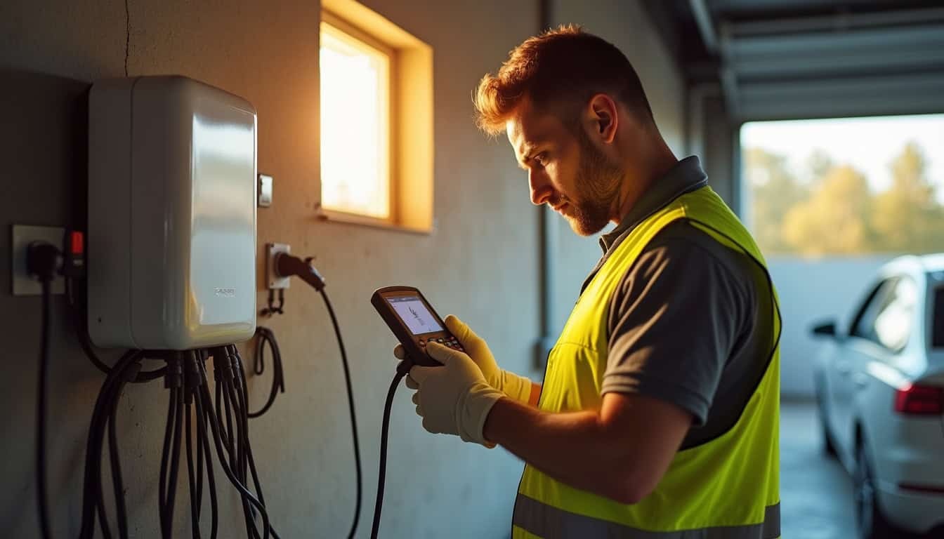Un technicien en train de vérifier une installation électrique pour une borne à La Peyratte