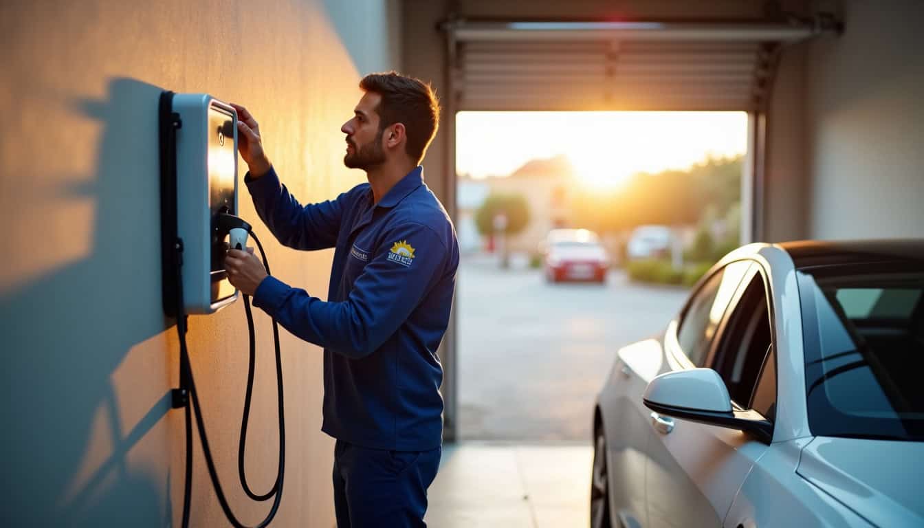 Un technicien en train d'installer une borne de recharge dans un garage à Ajaccio