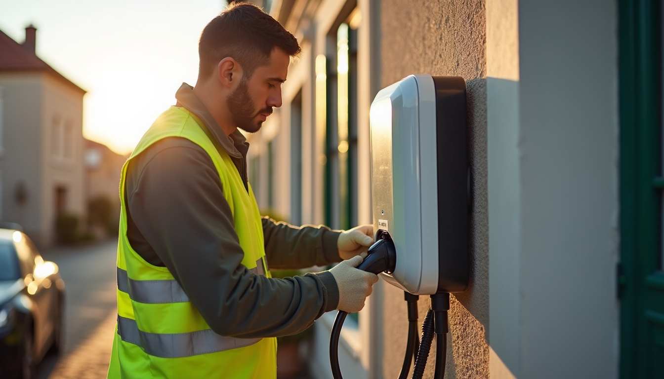 Un technicien en train d'installer une borne de recharge électrique à Saint-Gence